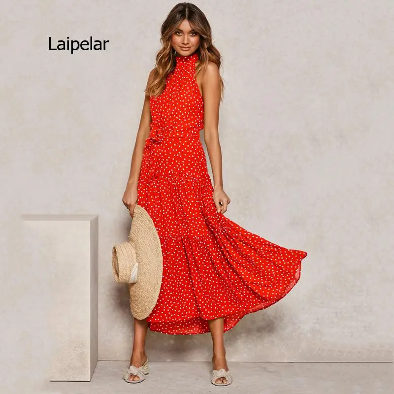 

Summer Long Dress Polka Dot Casual Dresses Black Sexy Halter Strapless 2021 Yellow Sundress Vacation Clothes for Women