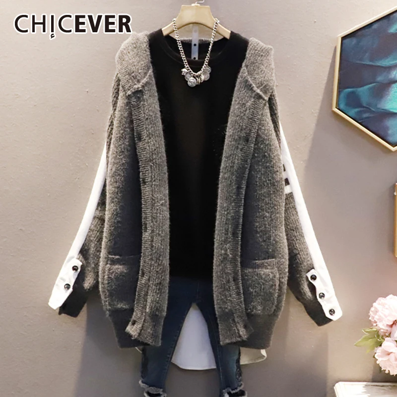 

CHICEVER свободный лоскутный цветной кардиган для женщин с капюшоном и воротником с длинным рукавом, прямой вязаный зимний свитер для женщин 2021