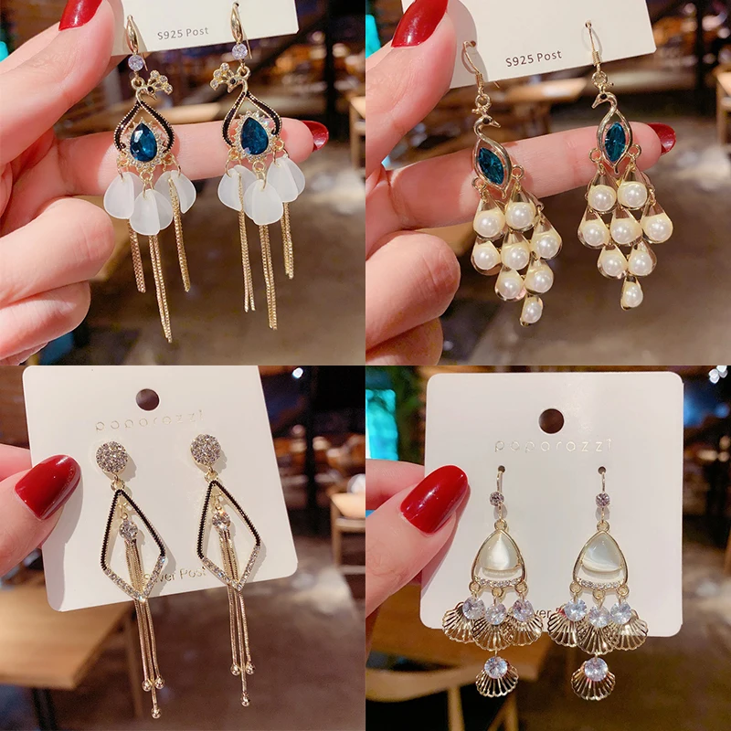 

2022 Trendy Korean Long Earrings For Women Blue Crystal Geometry Elegant Female Dangle Drop Earrings Fashion Jewelry Accessories