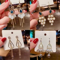 2022 trendy korean long earrings for women blue crystal geometry elegant female dangle drop earrings fashion jewelry accessories