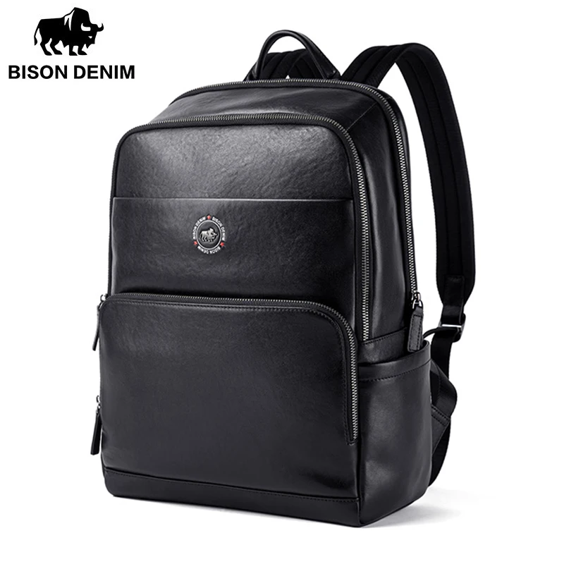 Bison Denim Cowhide Genuine Leather Backpacks Male 15 inches Double Shoulder Back pack Men's Travel Backpack Schoolbag For Boy