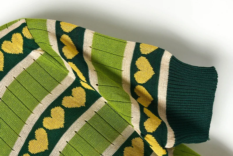 Женский вязаный кроп-топ с коротким рукавом зеленый свитер принтом сердца Модный