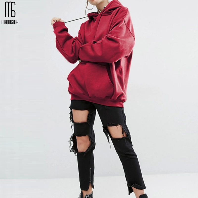 Manoswe Harajuku Women's Hooded Sweatshirt Tops Long Sleeved Solid Color Casual Sportswear Fleece Thickening Coat Oversize S-5XL | Женская