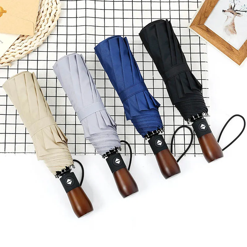 

Creative for men rain sun umbrella women automatic tri-fold folding 10 bone wooden handle business women's umbrella free sale c