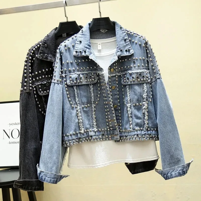 2021 New Autumn Women Denim Jacket Heavy industry Rivet Beaded Jeans Coats Long Sleeve Casual Female Loose Outwear Plus Size | Женская