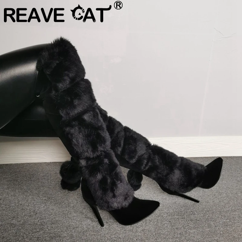 

REAVE CAT Woman Winter Warm Over the knee boots Furry Thin High Heel Pointed Toe Cross-tied Zipper Plus size 35-47 Casual