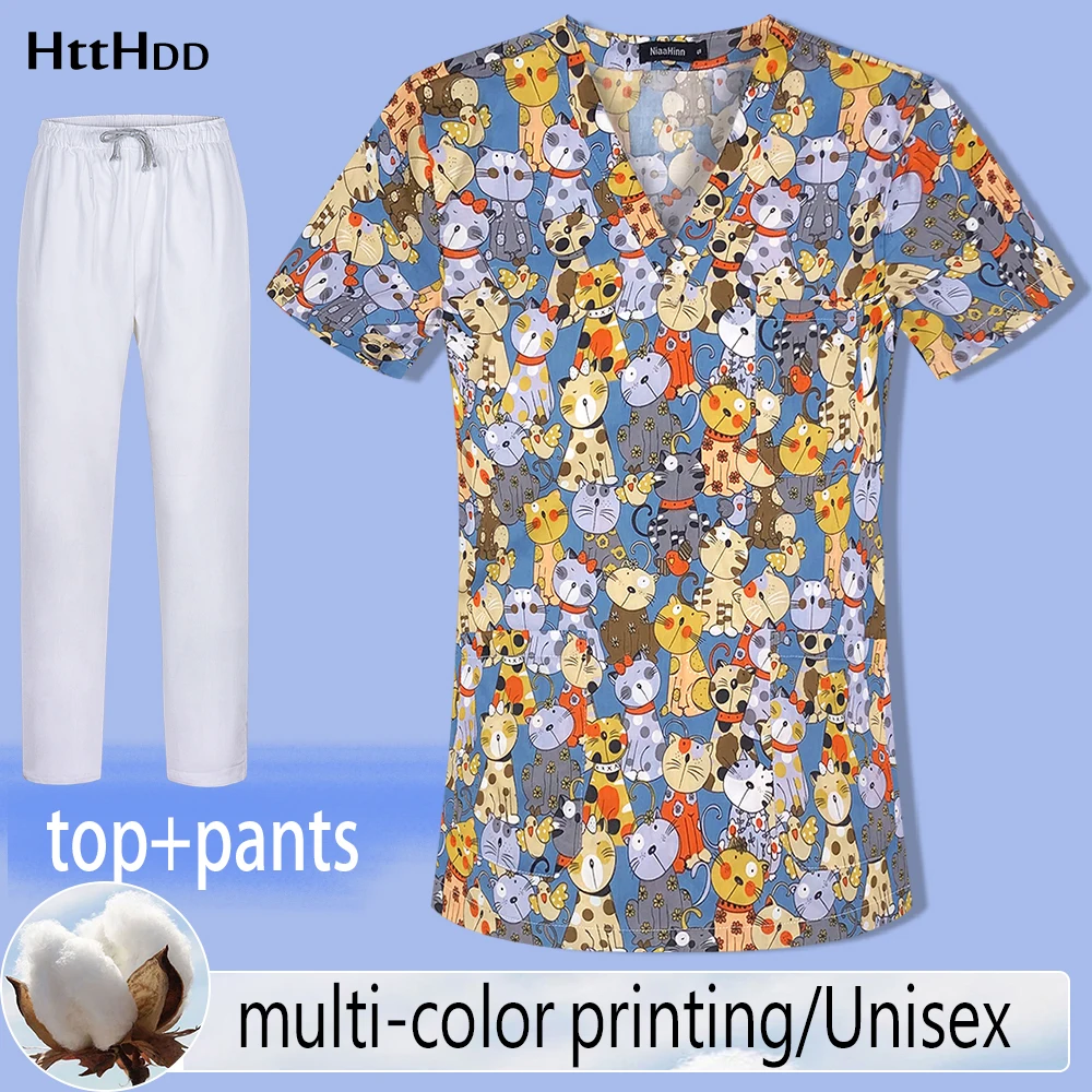

100% Cotton Dentistry Medical Uniforms Cartoon Printing Scrubs Tops Short-sleeved Scrubs Tops V-neck Lab Working Clothing Blouse