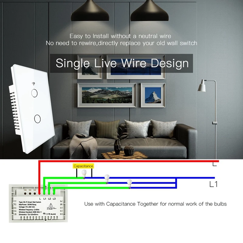 RF433 WiFi Smart Wall Press Switch No Neutral Wire Needed Single US Plug | Электроника