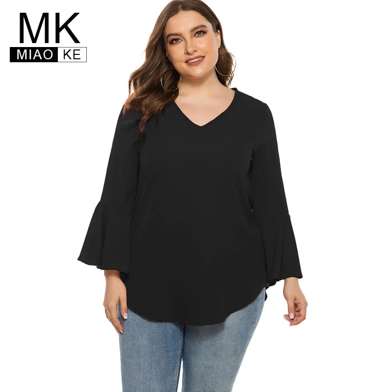 

2021 Summer womens Plus Size Chiffon Long sleeve black blouses ladies tops