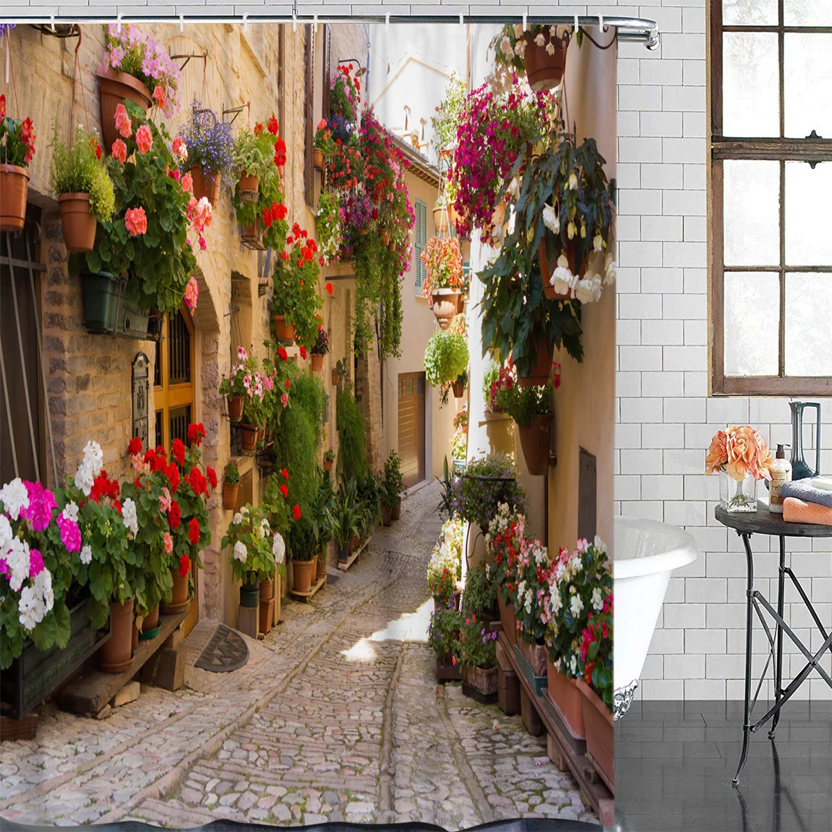 

Spring Season Street Flower Plant Shower Curtain Waterproof and Mildewproof Polyester Fabric Bath Curtain Design