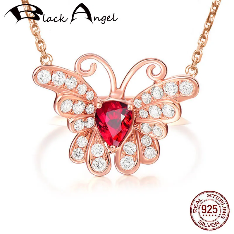 

BLACK ANGEL 18K Rose Gold Luxury Ruby Butterfly 925 Silver Gemstone Pendant Necklace For Women Wedding Jewelry Party Gift