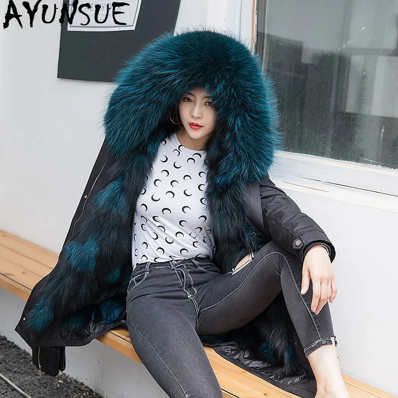 AYUNSUE зимняя женская куртка с подкладкой из лисьего меха парка Женское пальто
