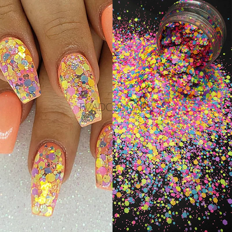 

1 Box Nail Glitter Neon Phosphor Nails Sequins Flakes Mix Bight Colors Shining Glitters Acrylic Gel Tips Decoration