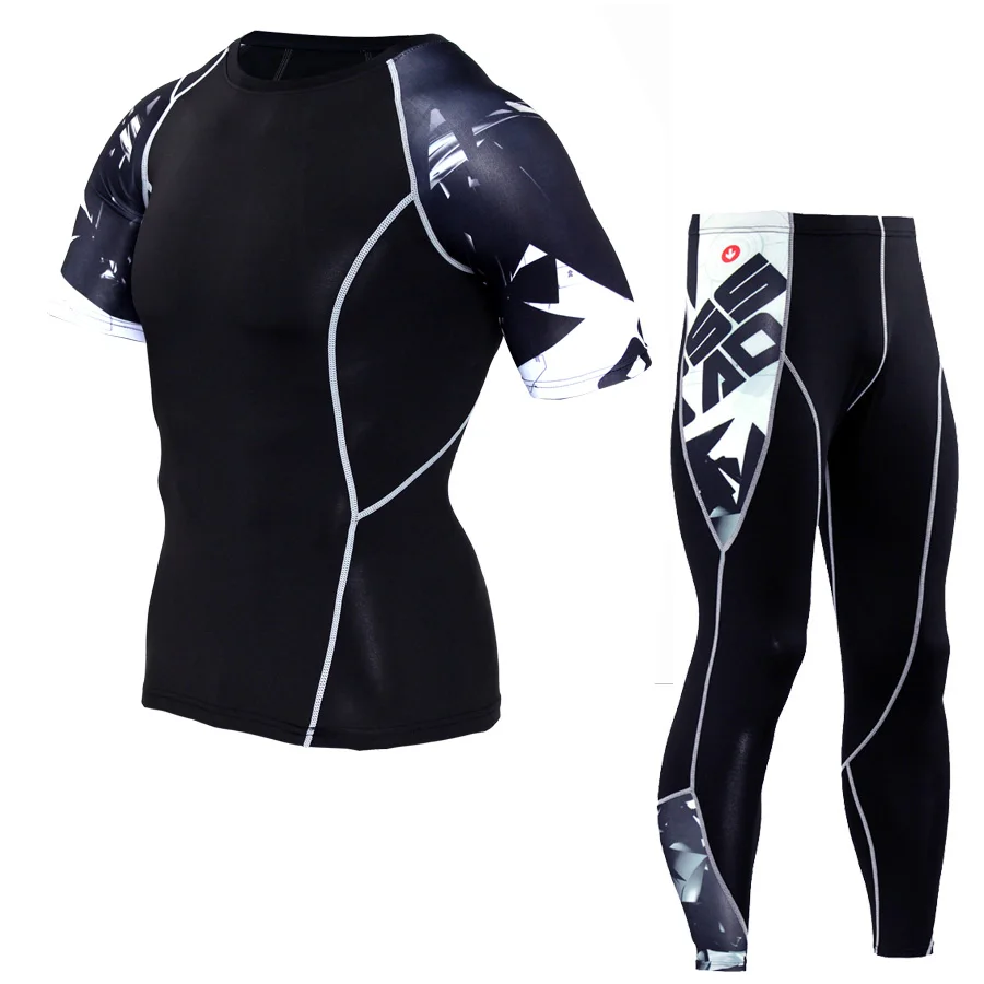 Мужские спортивные быстросохнущие компрессионные костюмы для бега, комплекты из футболки и брюк, одежда для бега ММА, спортивная одежда для...