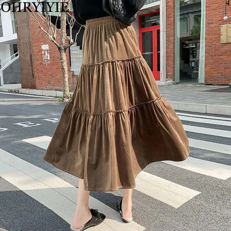 

Коричневая винтажная универсальная осенне-зимняя бархатная юбка OHRYIYIE, женская мягкая длинная трапециевидная юбка средней длины с высокой ...