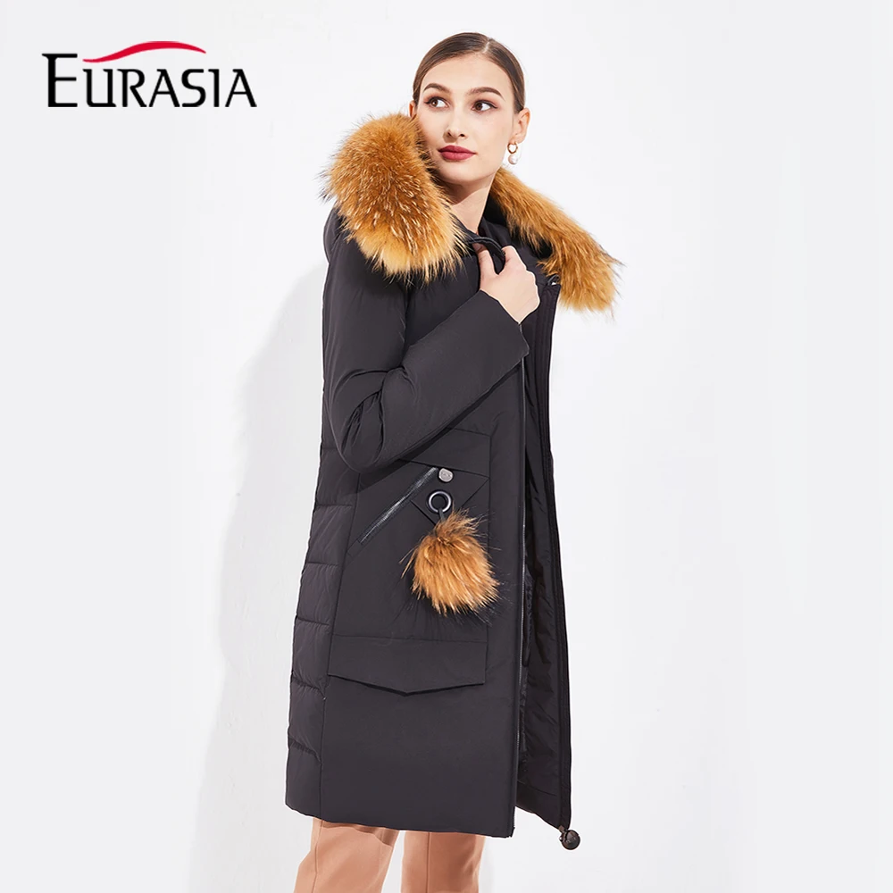EURASIA новинка 2019 года теплые женские зимние куртки из натурального меха енота