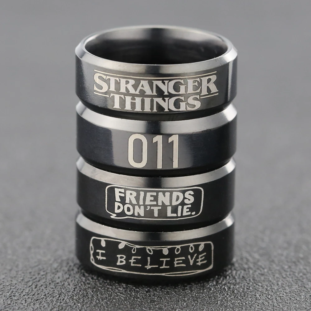 

Stranger Things Ring Eleven 011 Friends Don't Lie I Believe Letter Black Stainless Steel TV Series Show Jewelry Men Wholesale