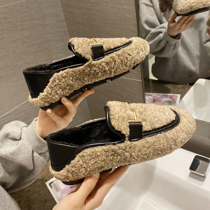 

Peas shoes Metal decoration female flat bottom plus velvet cotton shoes 2019 winter wear a sneaker flat Warm Snow shoes O6-01