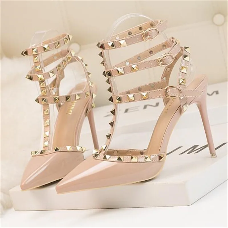 

New Summer Ankle Rivet Buckle Fashion Women's Sandals Patent Leather High Heels Women Wedding Shoes Red Female Sexy Party Pumps
