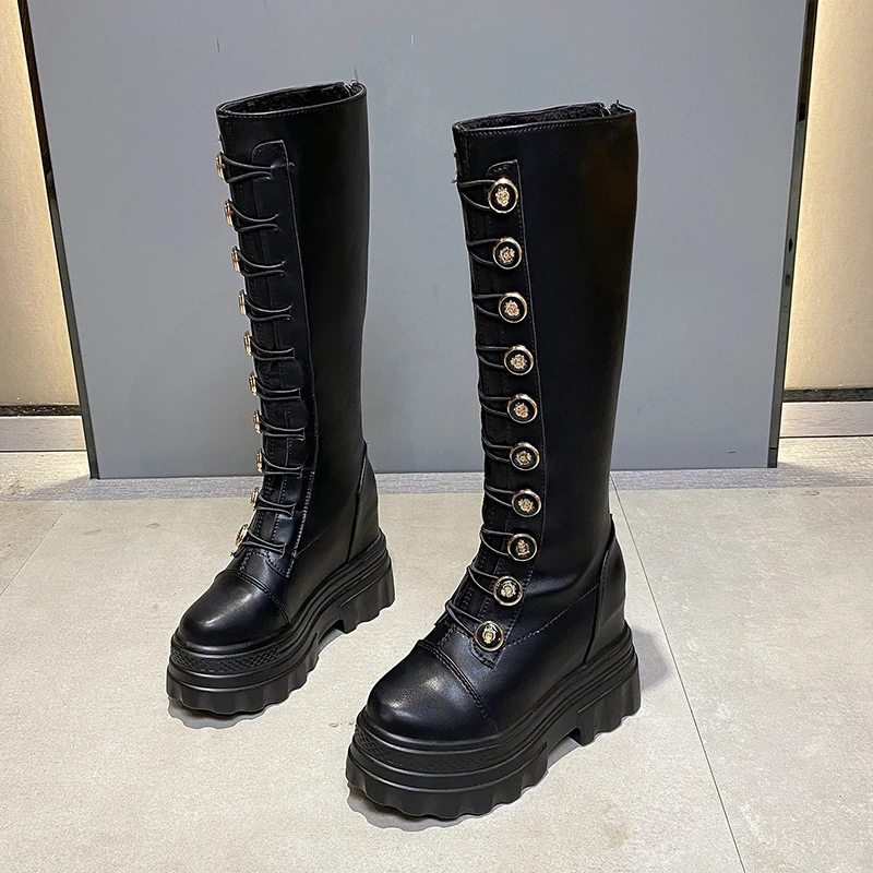 

Women's High Boots Brand Designer Women's Boots Autumn New Button Zipper Ladies Knee-length Knight Boots Thick-soled Boots Women