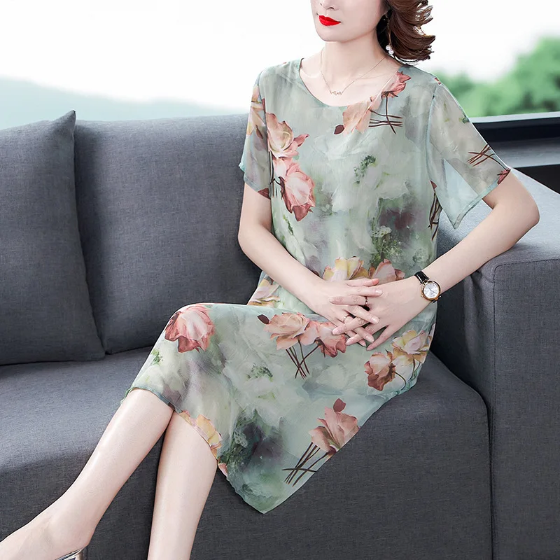 Женское повседневное шелковое платье длинное свободное праздничное с коротким