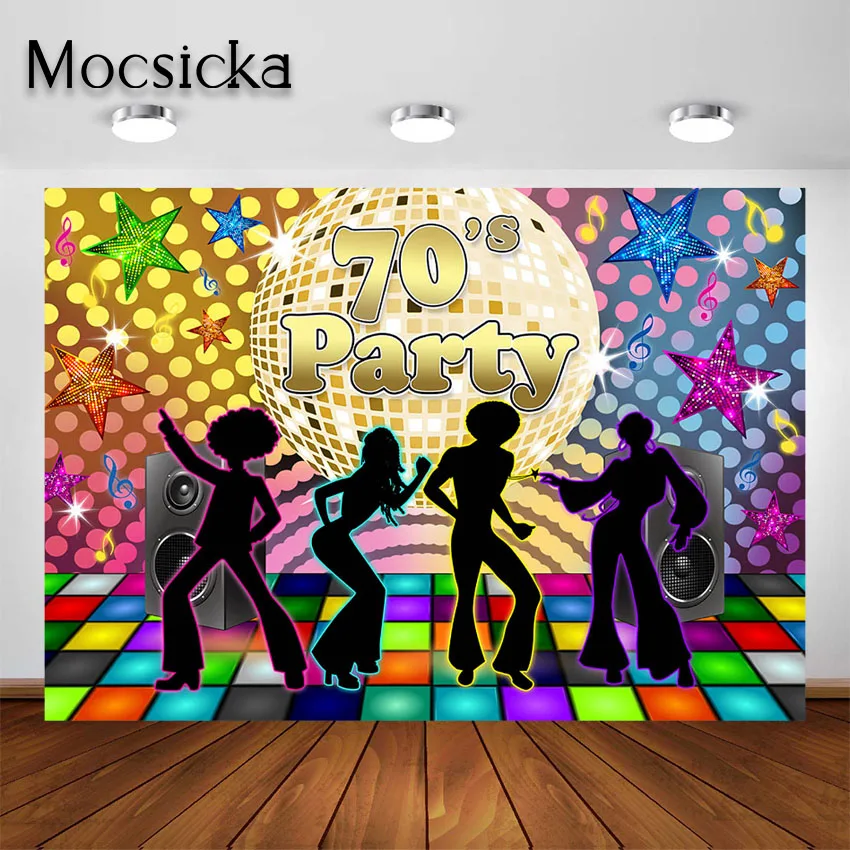 

Mocsicka Back to 70s Party Backdrop Disco Party 1970's Retro Disco Ball Glow Crazy Neon Dance Night Decorations Photo Background