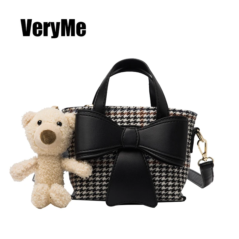 

VeryMe Woolen Plaid Bucket Bag Bow Lady Fashion Crossbody Handbag Totes Women Casual Leather Shoulder Purse Female