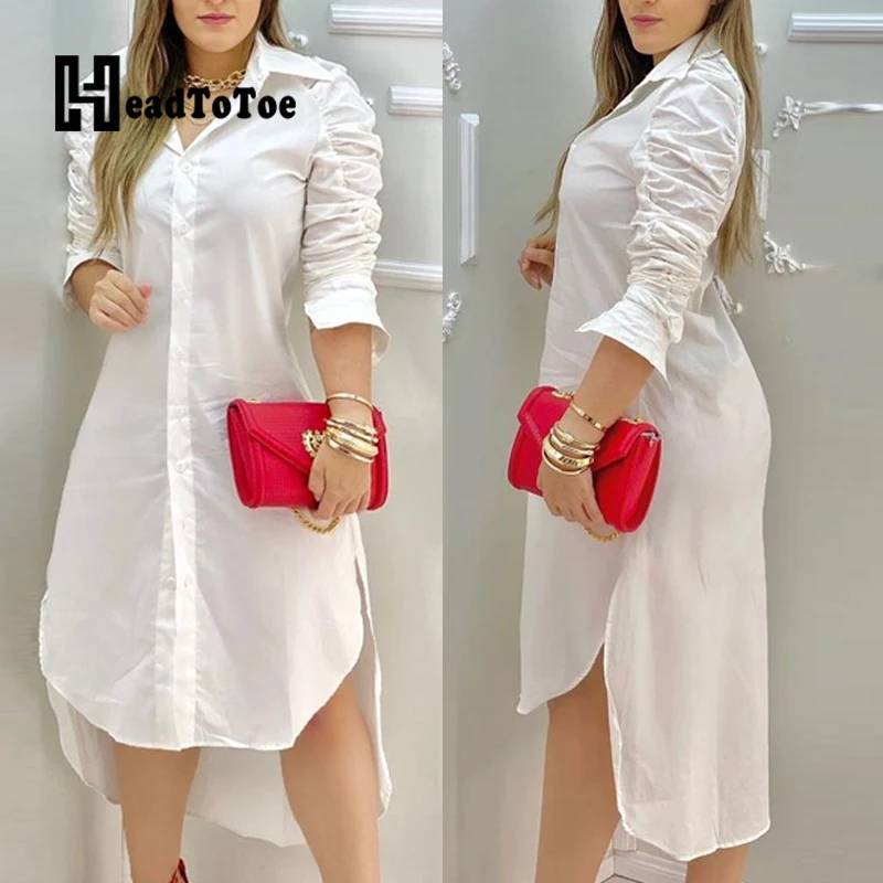 

Pleated High-low Cut Long Shirt Dress Women Turn Down Collar Casual Dress