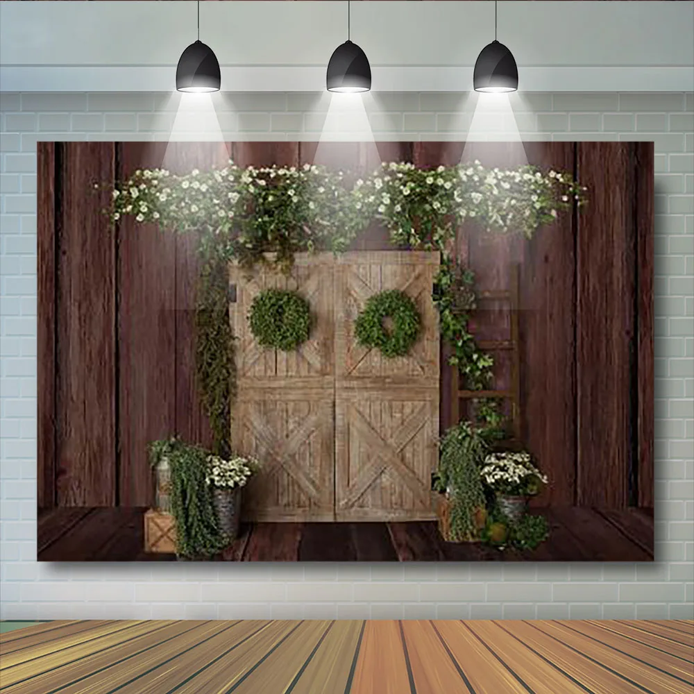 

Spring Green Photo Background Brown Wooden Wall Door Newborn Baby Birthday Backdrop White Flowers Photo Studio Photocall