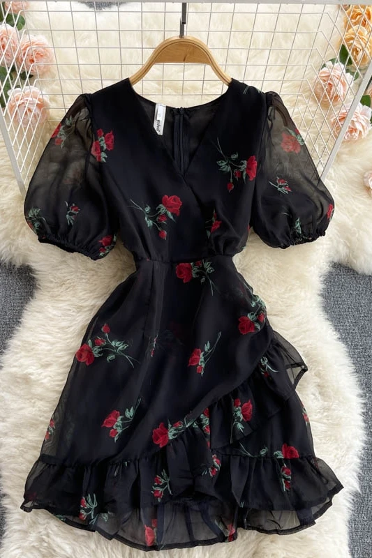 

Puff Sleeve Sweet Dress Women's Summer Dress 2021 New Elegant V Neck Slim Short Chiffon Vacation Dress Female Plus Size Dress