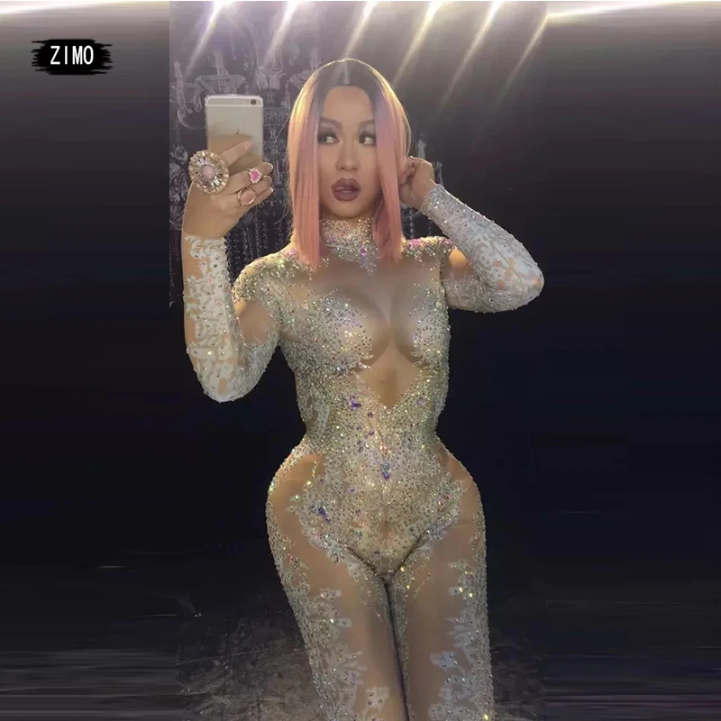 

AB Rhinestones Sparkly Jumpsuit women Sexy Big Stretch Dance Costume crystal Bodysuit Birthday Outfit Party night club Leggings
