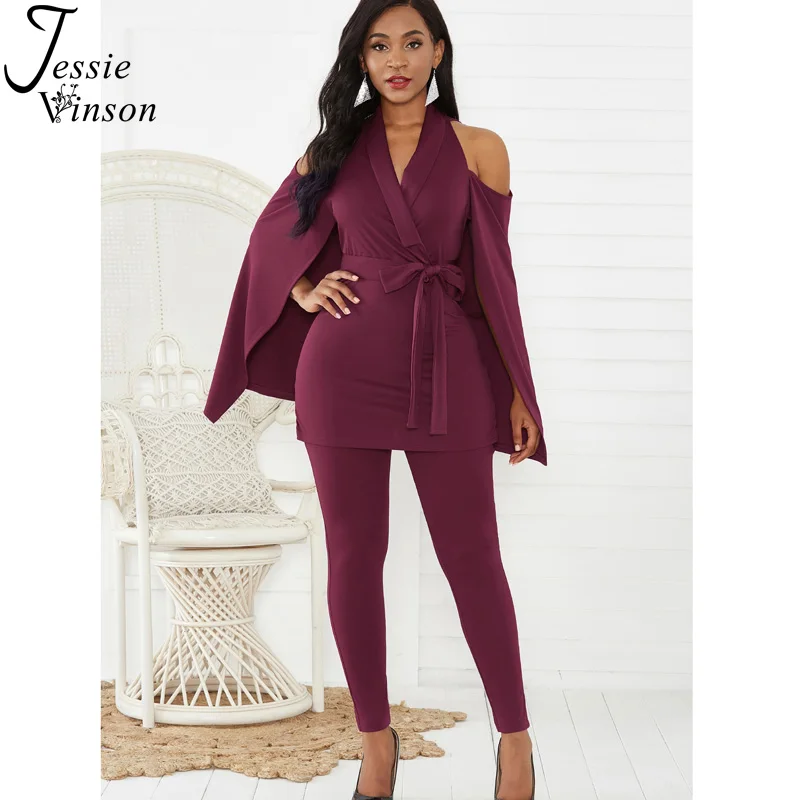 

Jessie Vinson V-neck Long Sleeve One Shoulder Cape Jumpsuit Women Elegant Cloak Skinny Long Pants Jumpsuit Party Rompers Overall