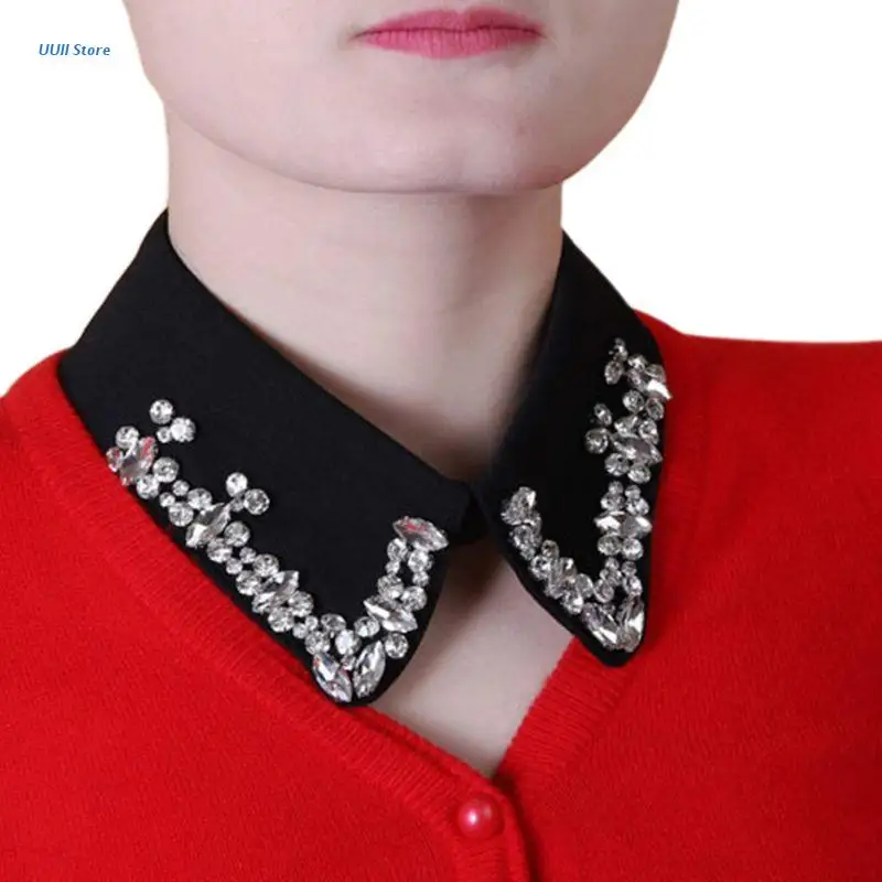 

Women Glass Diamond Decorative Fake Collar Black Color Detachable Lapel Necklace XX9D