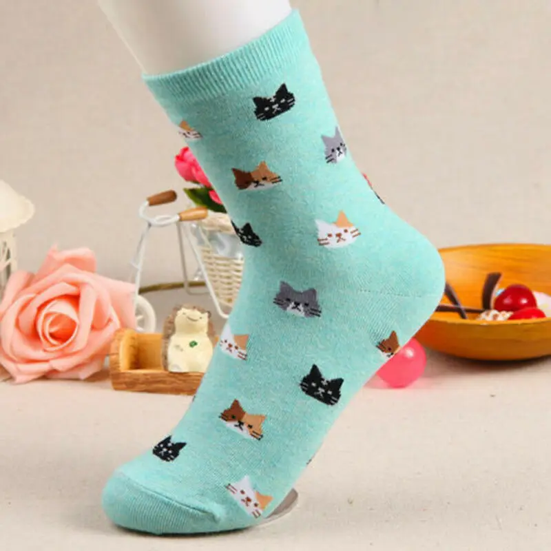 Носки женские теплые хлопковые с принтом кошки 1 пара 5 цветов | Женская одежда