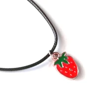 30pclot cute girl tiny strawberry pendant necklace women leather chain enamel fruit choker female collare jewelry party gift