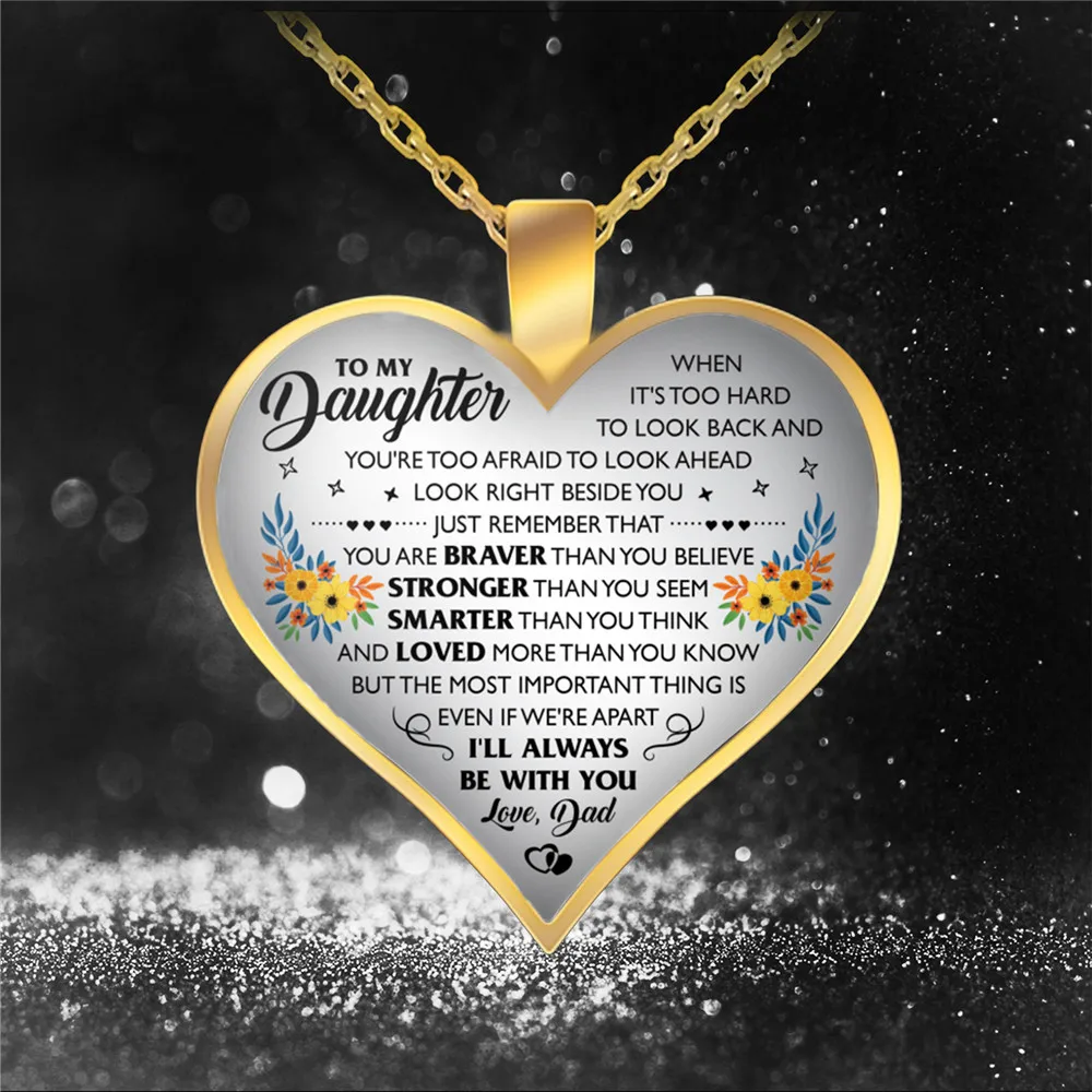 

Mom Dad To Daguhter Metal Chain Necklace Epoxy Resin Love Heart Shape Pendant Necklace for Women Girls Family Jewelry Gift