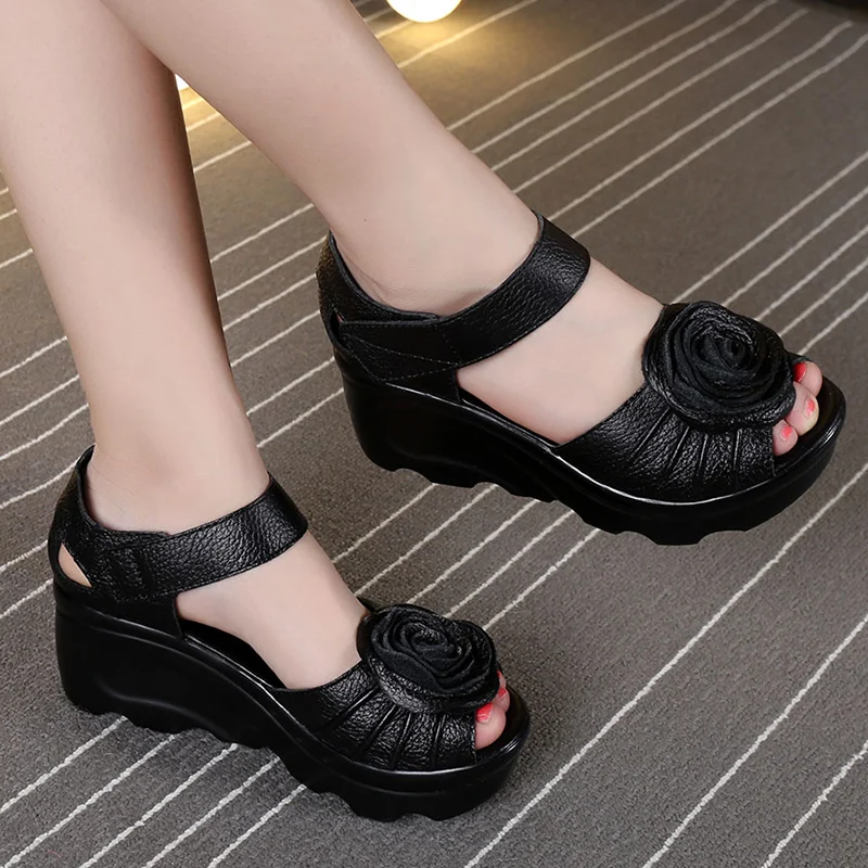 

Flower Ethnic Women Genunie Leather Sandals Wedges Heels Platform Peep Toe Thick Sole Retro Casual Ladies Shoes Zapatos De Mujer