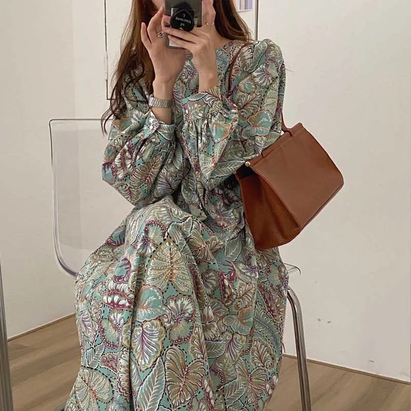 

Vintage Floral Women'S Spring Autumn Dress 2021 Korean Elegant Chiffon Loose Holiday Dresses Hedging Long Sleeve Ladies Dress