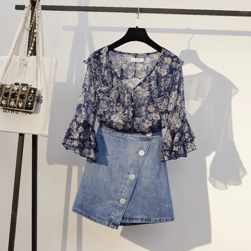 Летние Элегантные шифоновые топы размера плюс женский комплект 2 шт. с цветочным