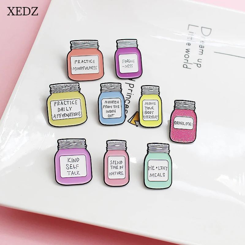 

XEDZ Fashion Colorful Glass Bottle Enamel Brooch 9 Styles PRACTICE/KIND/DRINK Text Lapel Brooch Backpack Accessories Jewellery