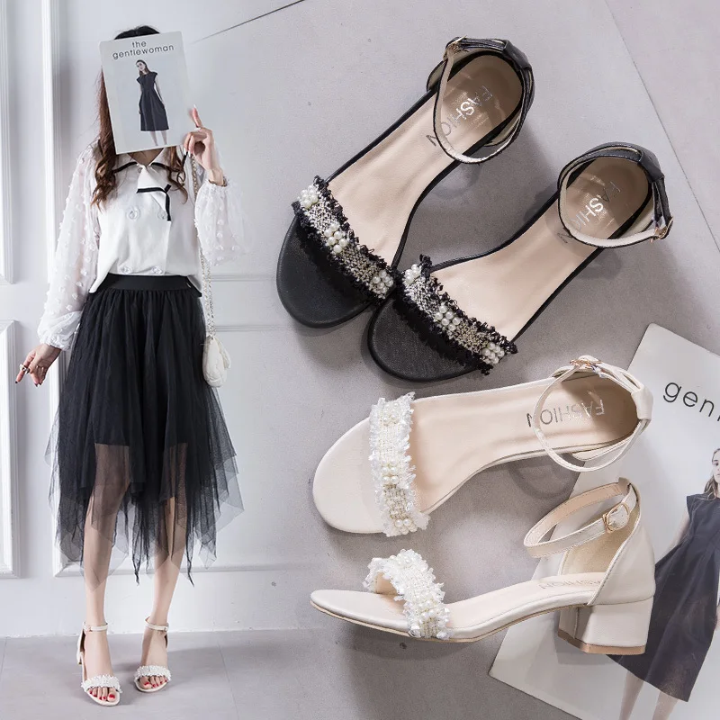 

Fashion Sandals Word with Roman High Heels with Thick Heel and Fairy Style Open Toe Pearl 2020 New Summer Female Roman Shoes PU