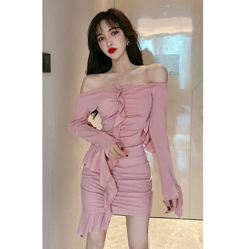 Новинка 2019 модное облегающее однотонное платье в стиле ретро с длинными рукавами