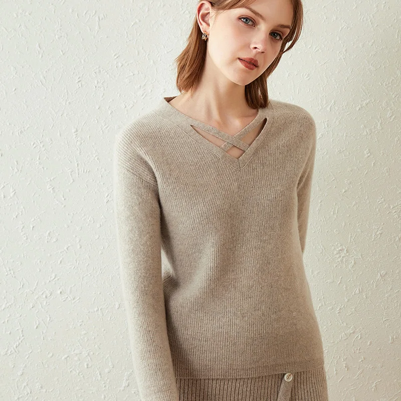 

Winter New Cashmere Sweater Women Fashion Cross V-Neck Cardigan Pure Color Pullover Sweater All-Match Knit Bottoming Shirt XXL