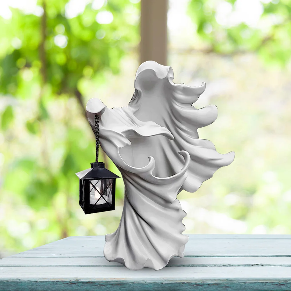 

Resin Ghost Sculpture with Light Lantern Solid Color Statues Collecting Garden Landscaping Lawn Ornament Supplies