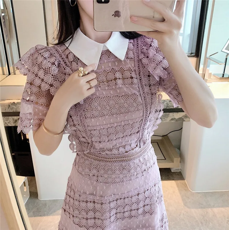 Женское Сетчатое платье в стиле пэчворк модельное ажурное с отложным воротником