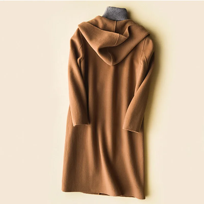 Женская зимняя одежда 100% шерстяные пальто Длинная шерстяная куртка с капюшоном