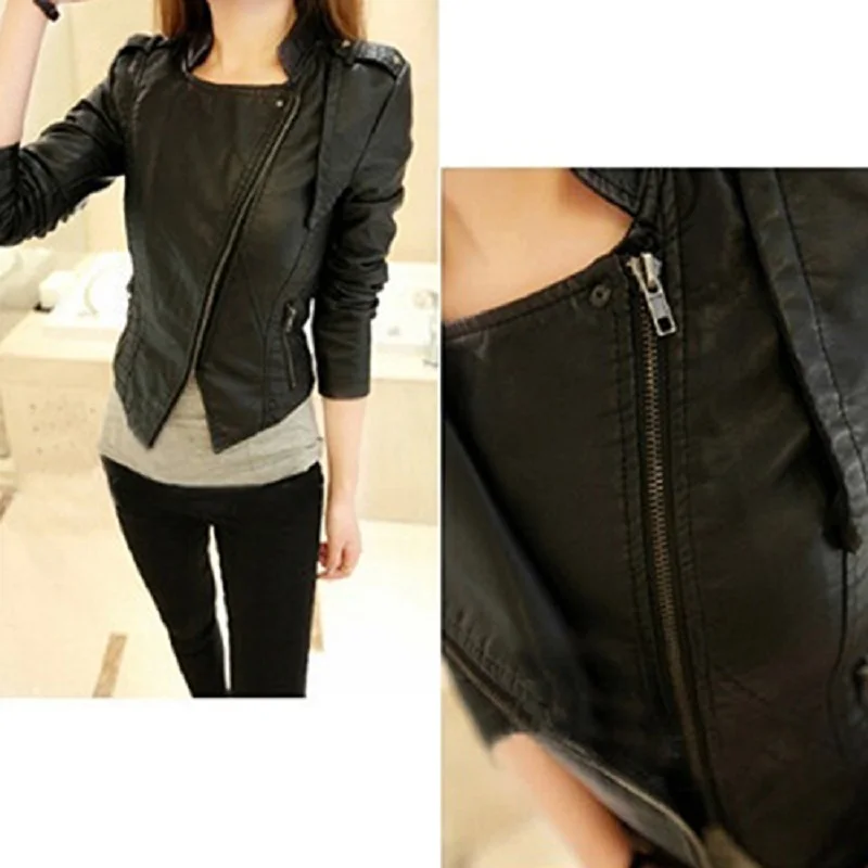 

Women Fashion Faux Leather Jacket Turn-down Collar Short Coat Slim Fit Top 2021