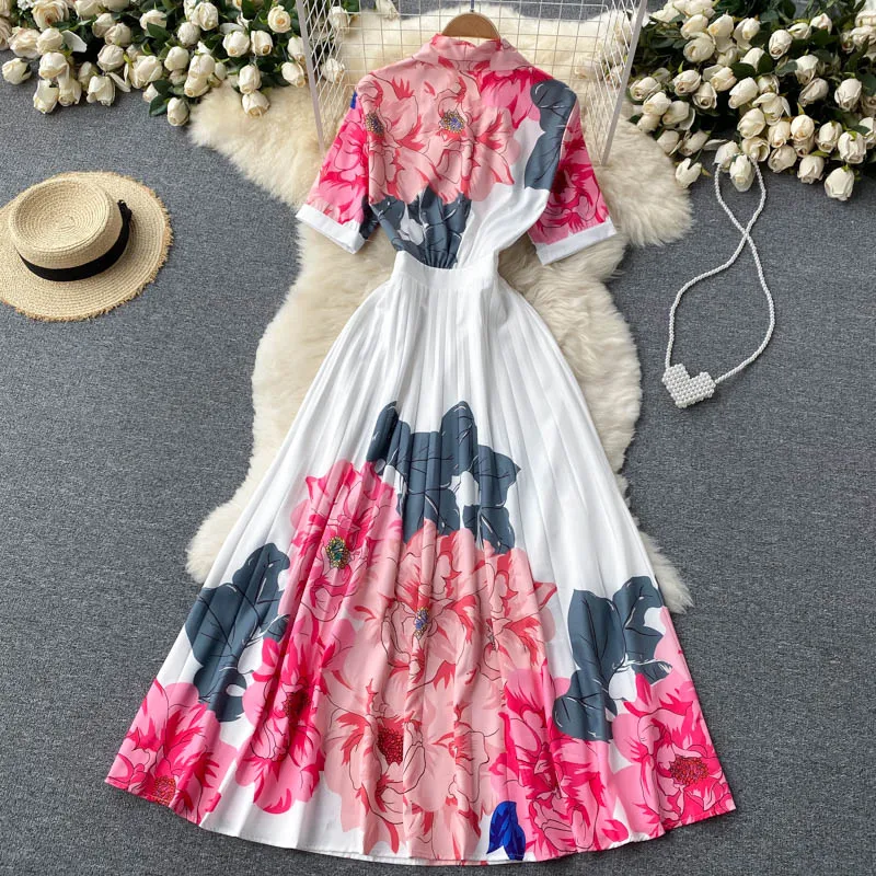 

Elegant Women's Runway Designer Bow Collar Pleated Long Maxi Floral Dresses for Summer Fashion Short Sleeve Sweet Party Vestidos