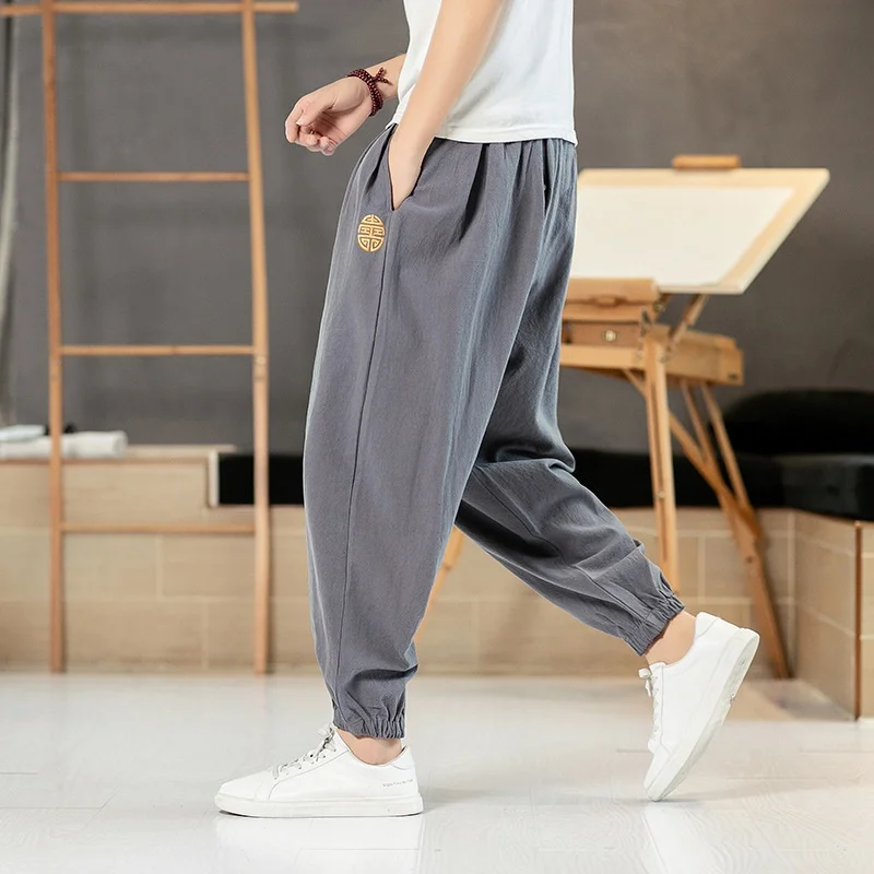 

Cotton Linen Chinese Pants Man Kimonos Trousers Embroidery Plus Size Cargo Pants Vintage Kung Fu Pantalettes