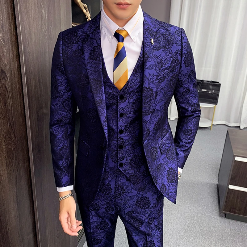 Ternos Masculinos Slim Fit Vintage Mens Suits Flowers Printed Blazers Men 3-piece Set Fancy Costume Homme Taille 4XL | Мужская одежда